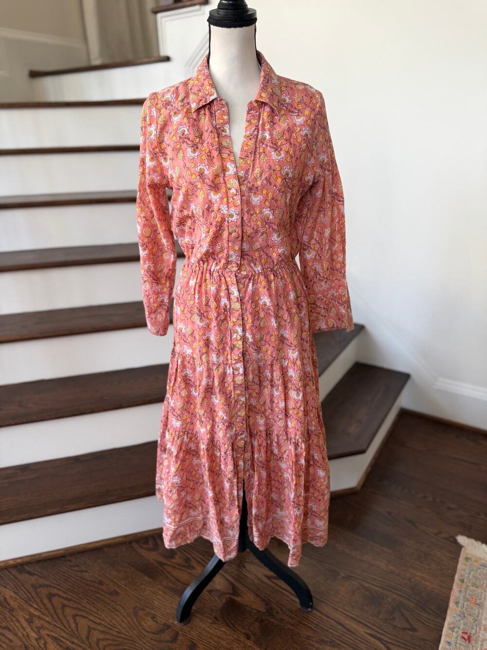Hampton House Muted Orange Floral Indian Block Print Midi Shirt Dress